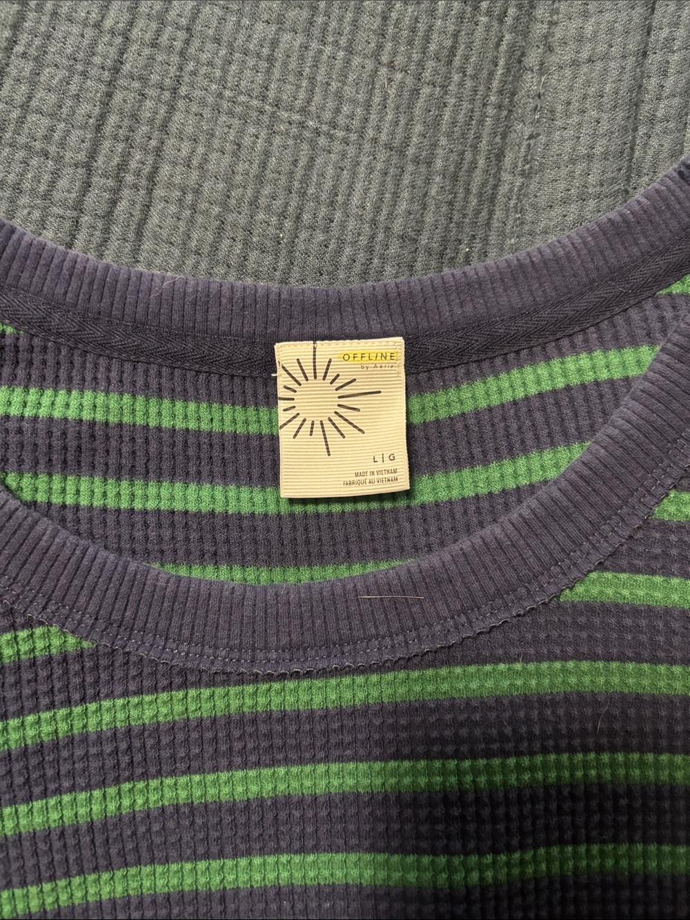 aerie Women's Green and Navy Striped Waffle Crewneck Sweater
